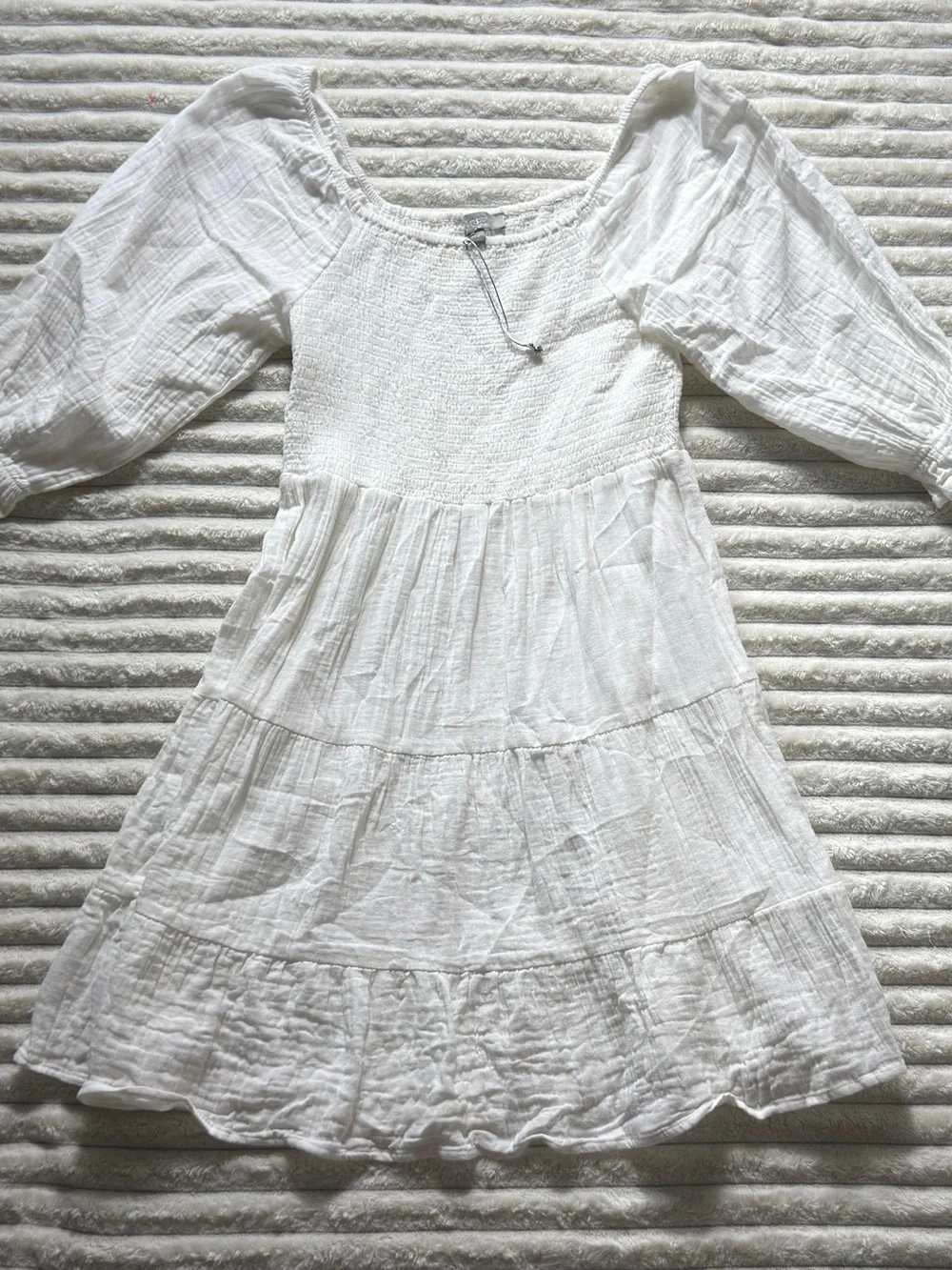 DICEE White Cotton Square Neck Tiered Ruffle Puff Sleeve Mini Dress S